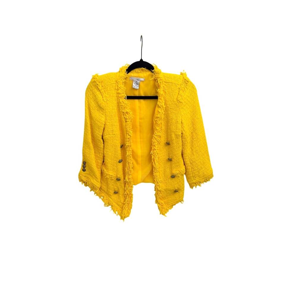 WD+NY Yellow Fringe Hem Tweed Double Button Open Front Bold Blazer Jacket XS